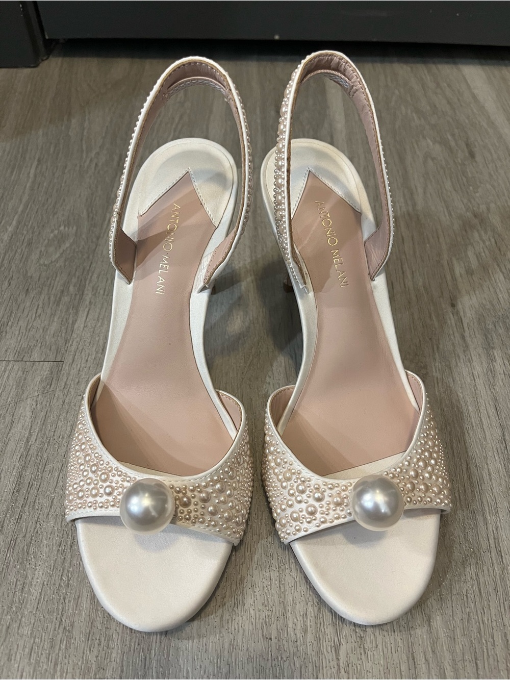 ANTONIO MELANI Pearl-Embellished Ivory Satin Heel Sandals